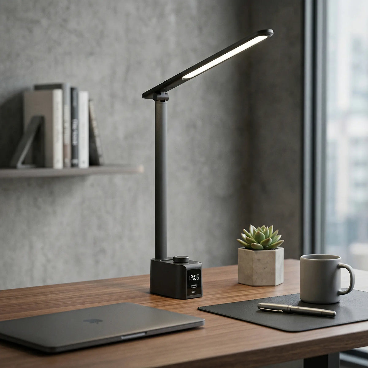 Lampe de Bureau LED Nova qui éclaire un bureau en bois massif foncé