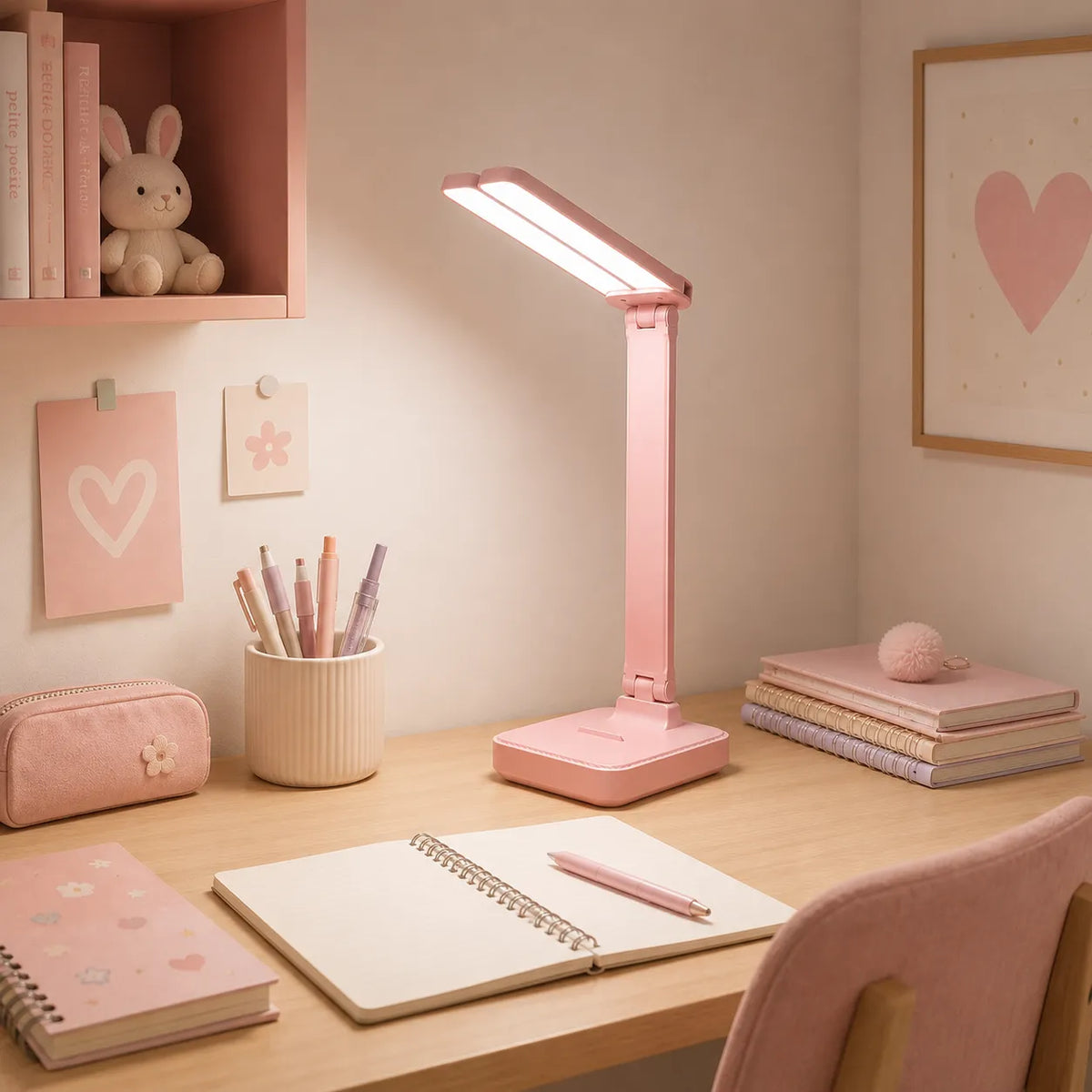 Lampe de bureau pliable rose pour espace de travail enfant