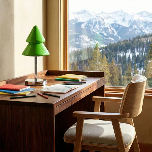 Lampe de Bureau Sapin Vert sur un bureau en bois foncé