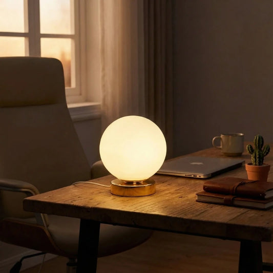 Lampe de Bureau LED Sphère Lumineuse sur un bureau en bois