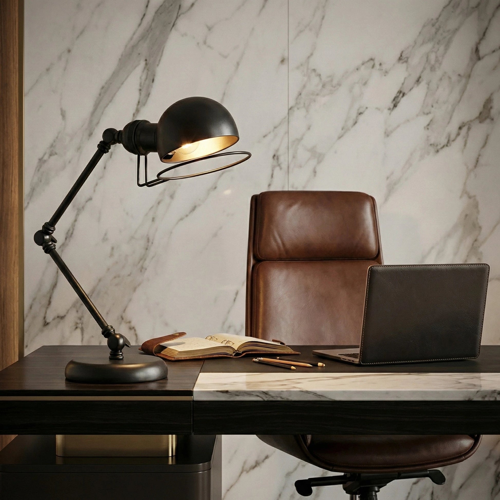 Lampe de Bureau Vintage Architecte Noire sur un bureau en bois noir et en marbre 