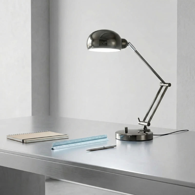 Lampe de Bureau Vintage Architecte au-dessus d'un bureau architecte métallique