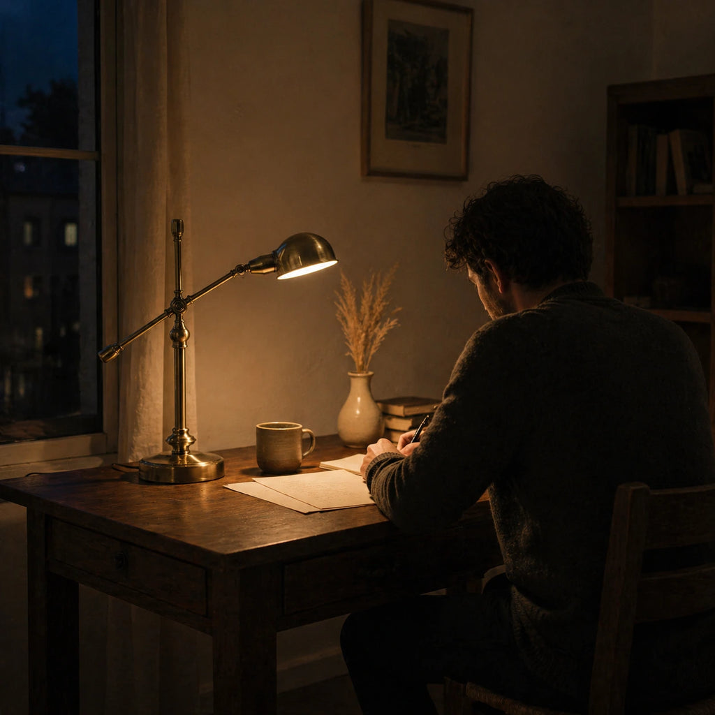 Lampe de Bureau Vintage Cuivrée Arrondie qui éclaire l'espace de travail le soir
