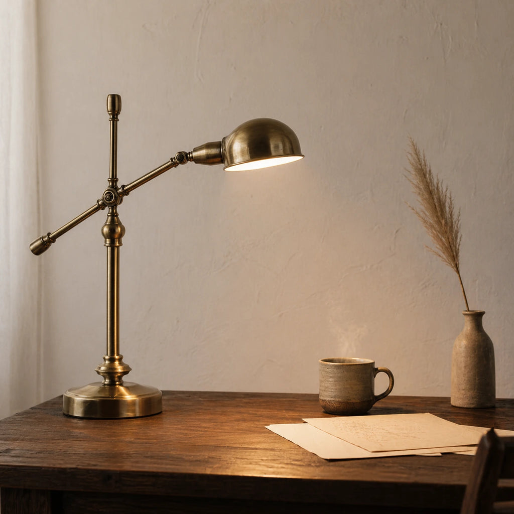 Lampe de Bureau Vintage Cuivrée Arrondie sur un bureau en bois massif ancien