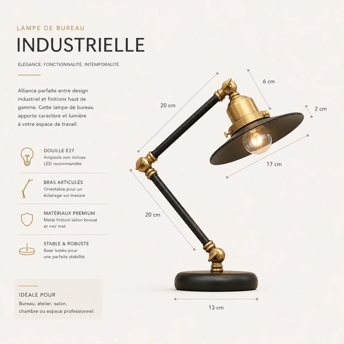 Une lampe de bureau articulée au charme authentique et à la présence affirmée