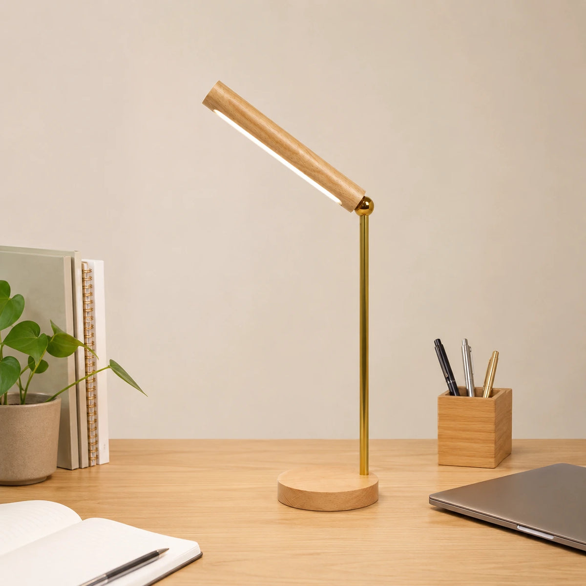 Lampe LED en bois naturel avec rotation 360 degrés pour bureau