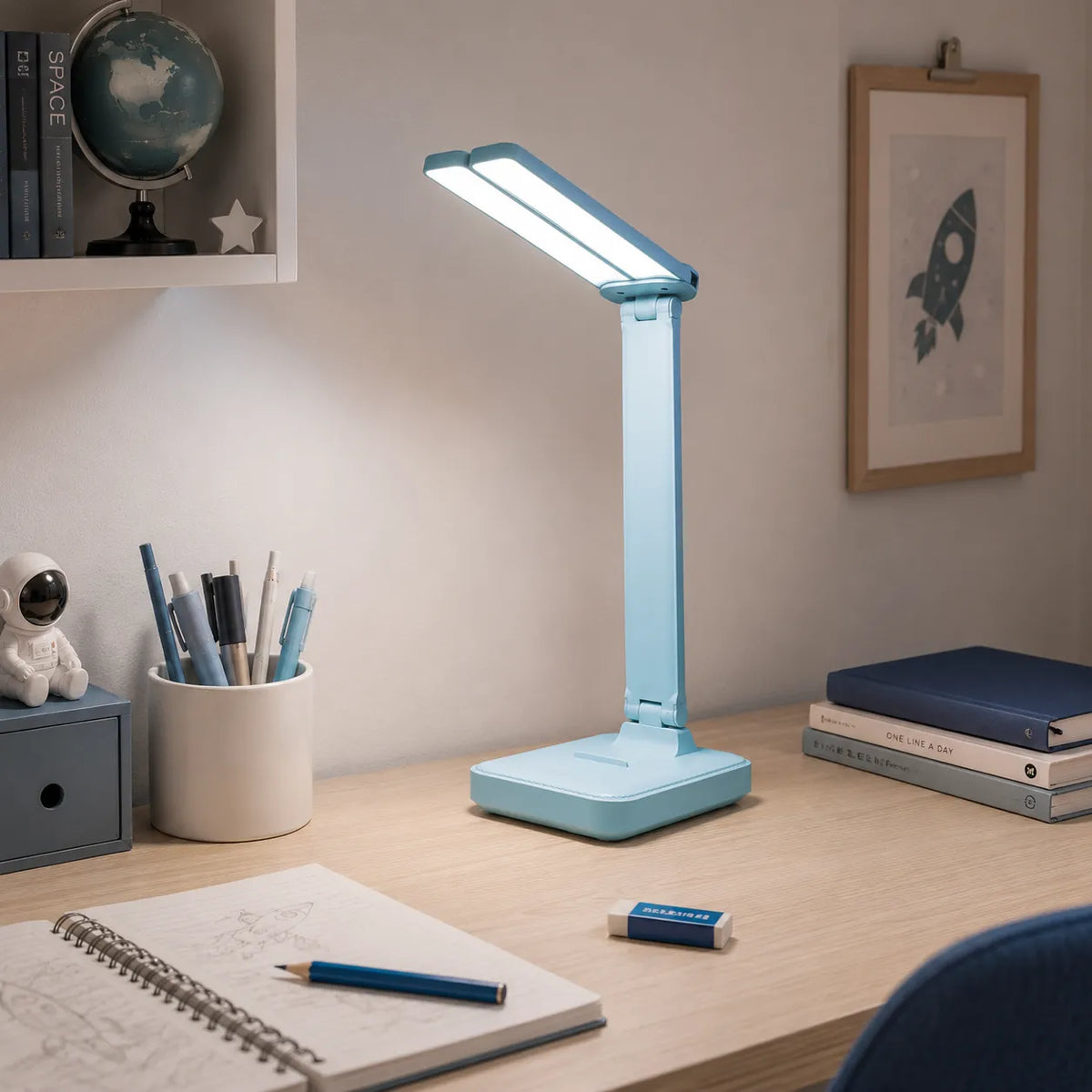 Lampe LED de bureau bleue pour chambre d’enfant au style minimaliste