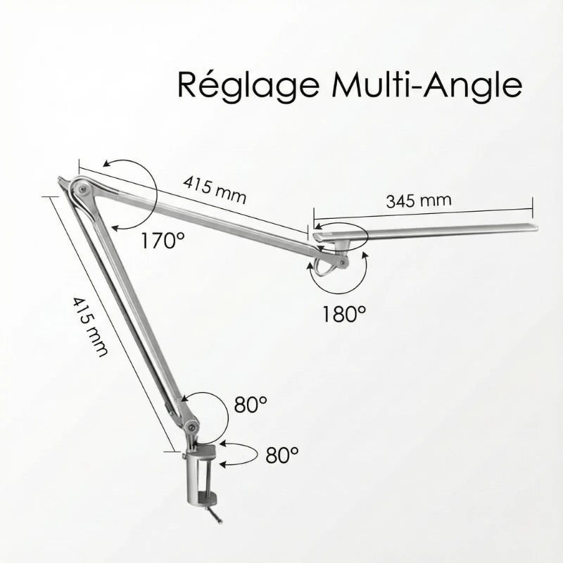 Réglages et dimensions de la Lampe de Bureau LED à Pince Métallique
