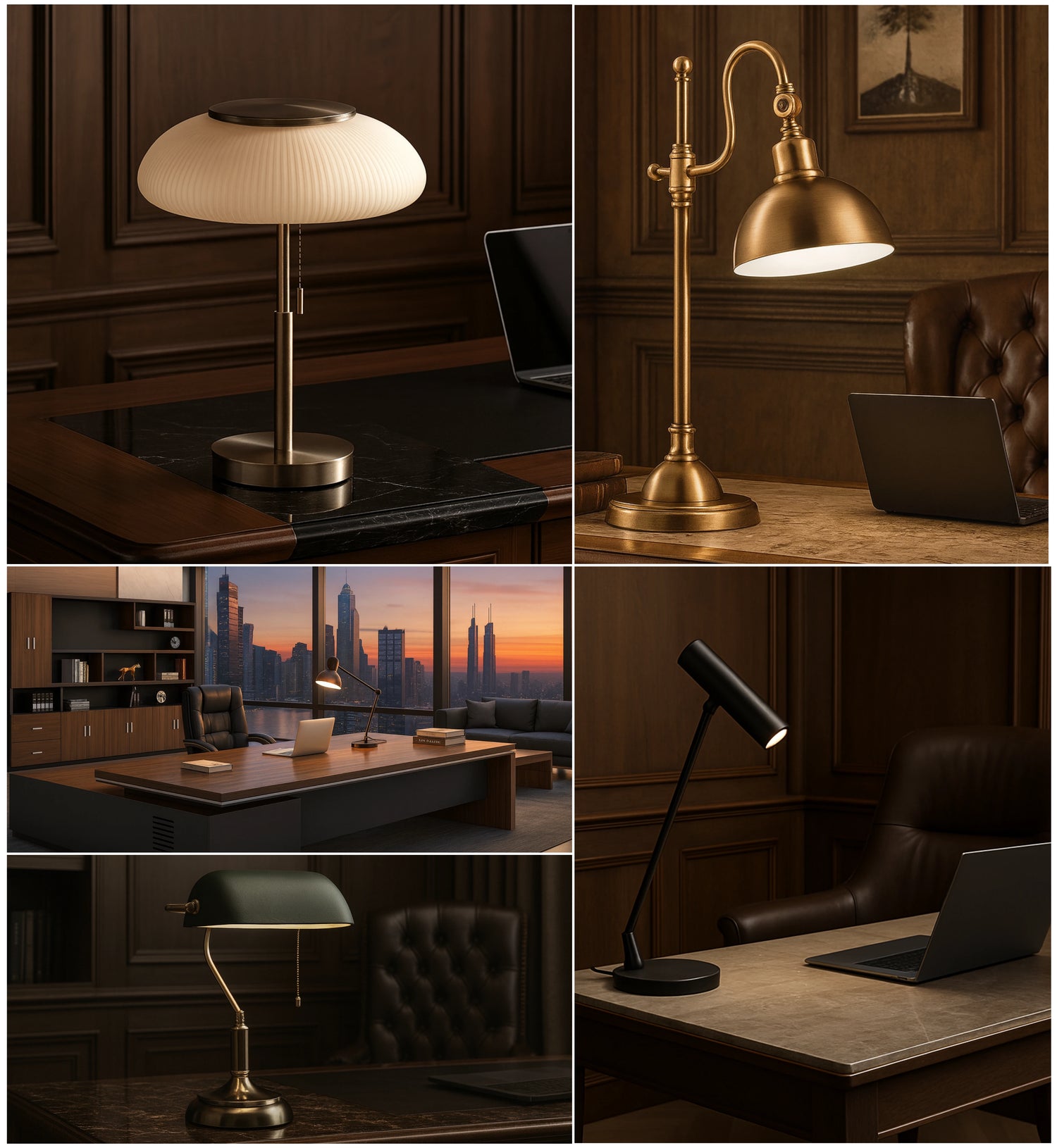 Plusieurs lampes de bureau sur de différents espaces de travail sophistiqués 