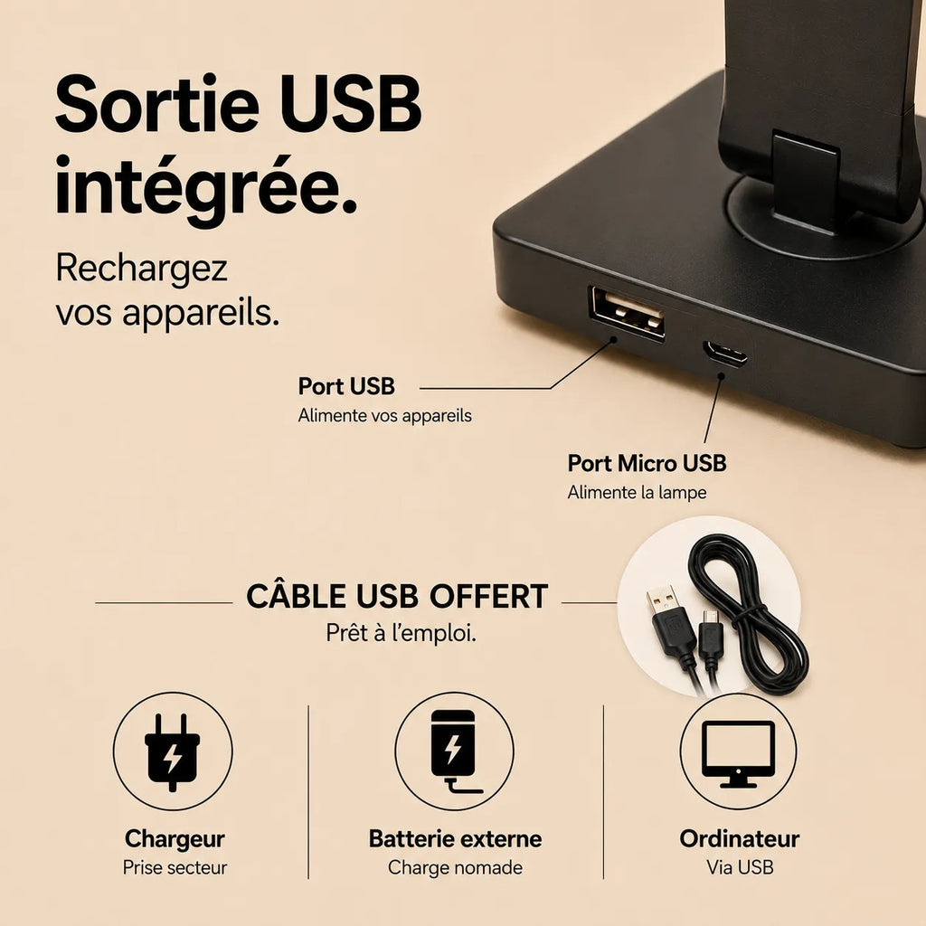 Sortie USB de la lampe de bureau led lumenia