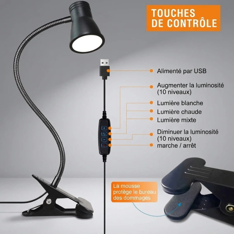 Lampe de Bureau LED à Pince Noire